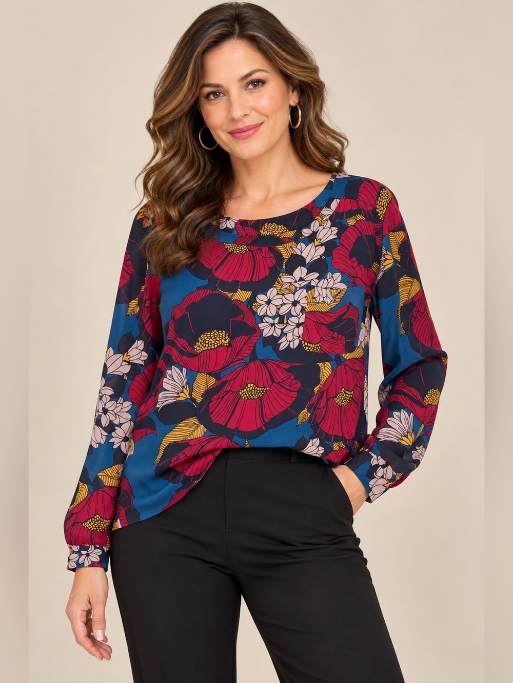 LOFT Top Womens S Multicolor Floral Blouse Boat Neck Tab Sleeve Pullover Woven M